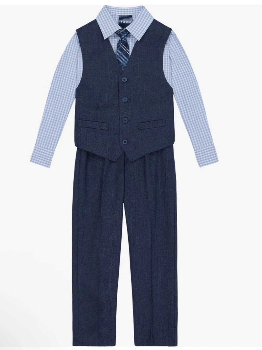Izod Boys Navy Vest and Pants Set with Light Blue Gingham Shirt and Plaid Tie